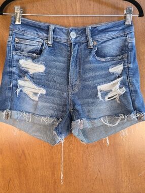 American Eagle Next Level Stretch Mid-Rise Shortie Distressed Denim Shorts Sz 6